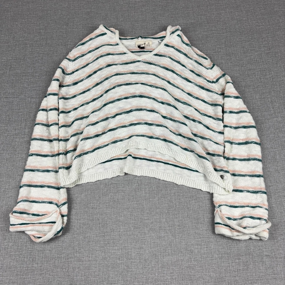 Roxy Sweater Womens Small White 100% Cotton V Neck Hooded Striped Cropped Knit